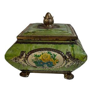 Harry Vincent Blue Bird Tin Green Marbled Faux Finish Ornate Feet 1950's